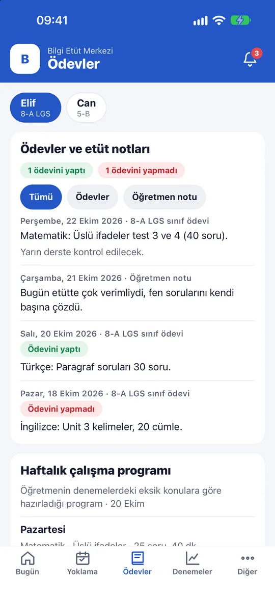 Veli uygulamasında ödev ve etüt notları